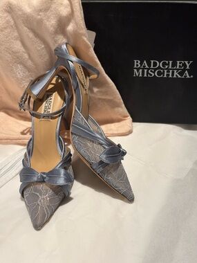 Badgley Mischka Blue Lace Pointed-Toe Ankle-Strap Heels with Bow Accent